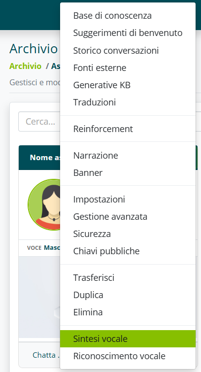 Menu Sintesi vocale dell'assistente