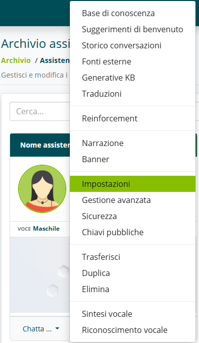 Menu Impostazioni dell'assistente