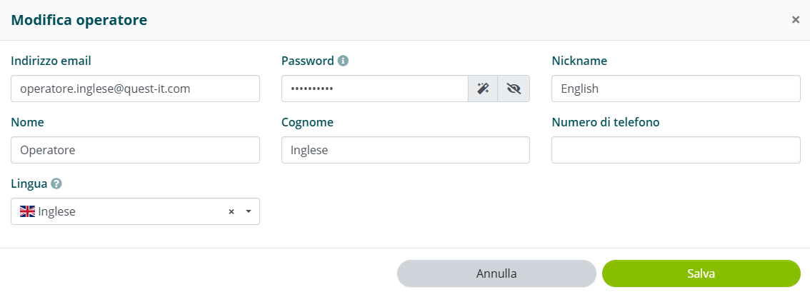 Pannello creazione account operatore