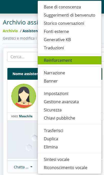 Apertura della sezione Reinforcement dal menu assistente