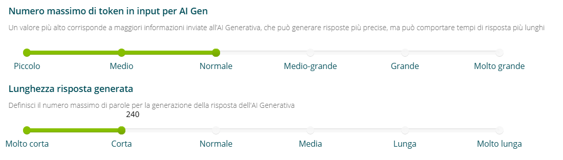 Slider numero massimo di token e lunghezza risposta generata