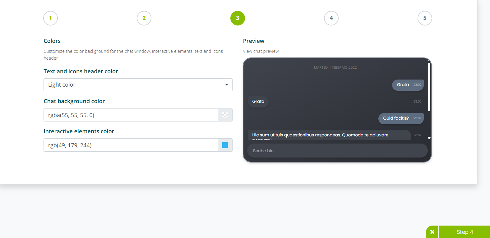 Terzo step del Wizard: personalizzazione interfaccia chat