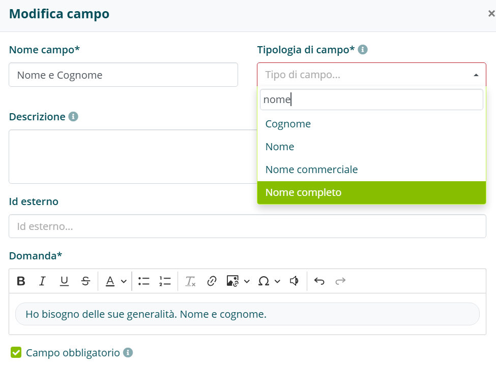 Form di configurazione di un campo