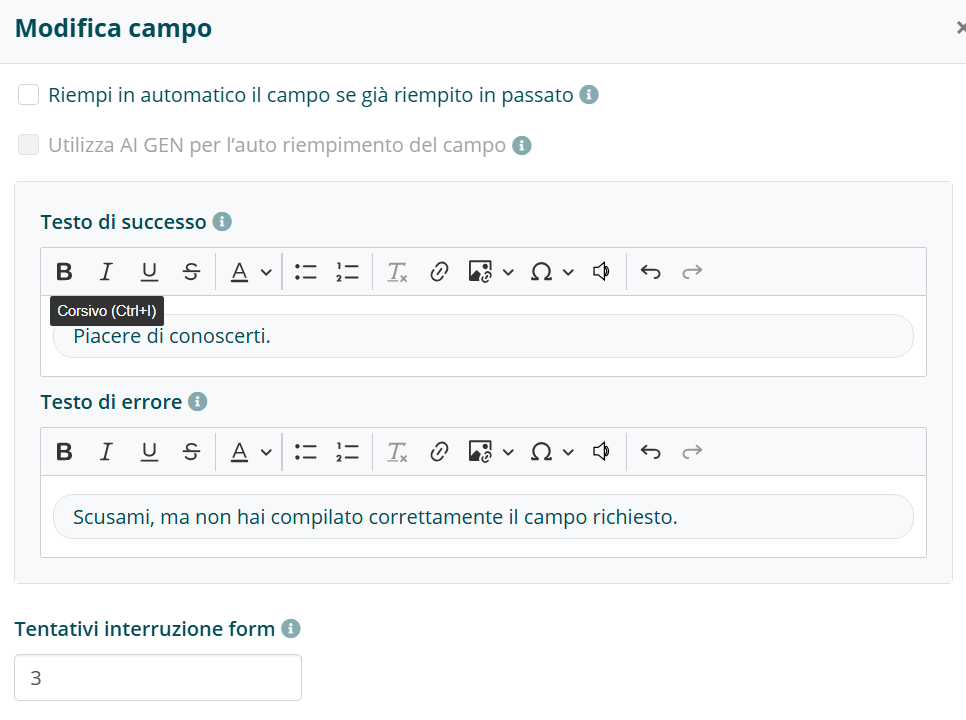 Opzioni di riempimento automatico del campo