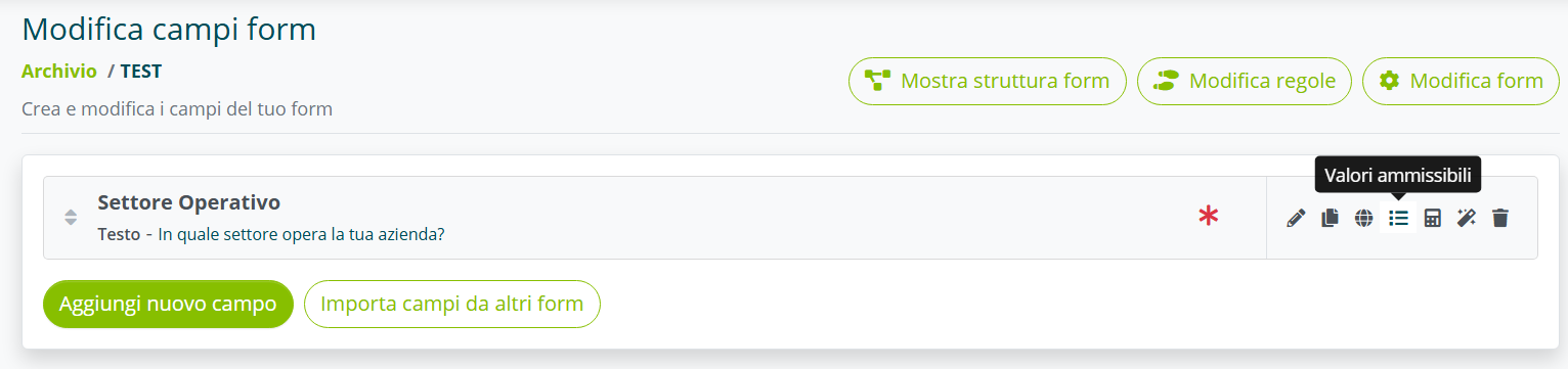 Schermata riassuntiva con icona valori ammissibili
