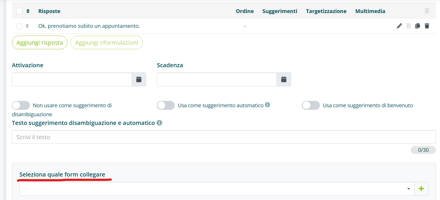 Opzione Seleziona quale form collegare nell’intent