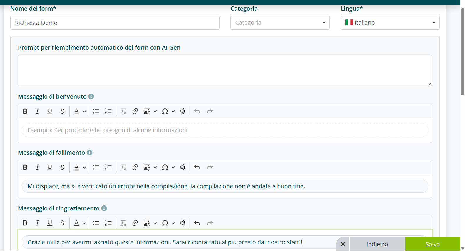 Impostazioni di base del form