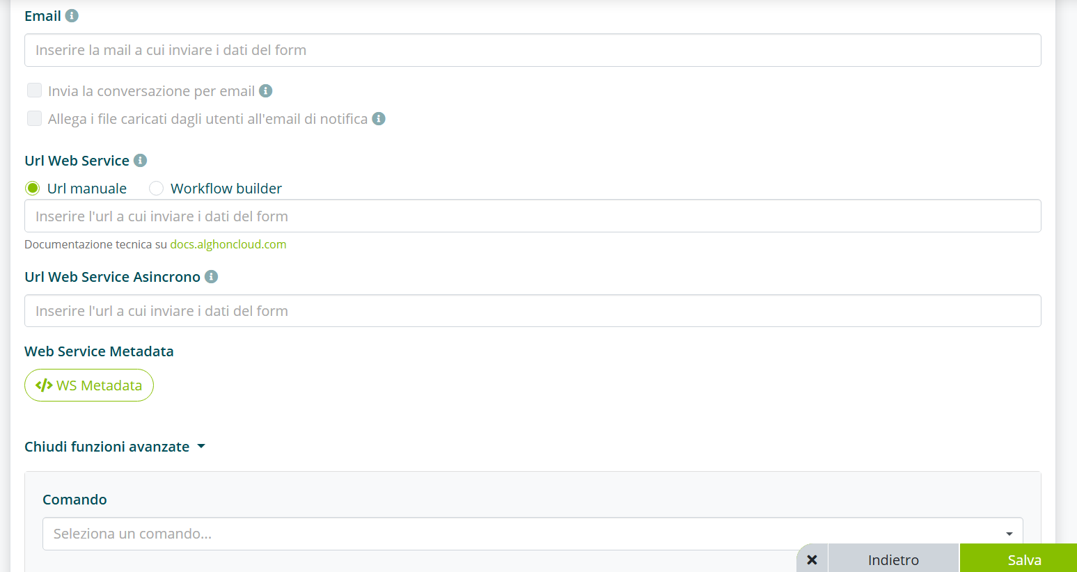 Impostazioni email e web service del form