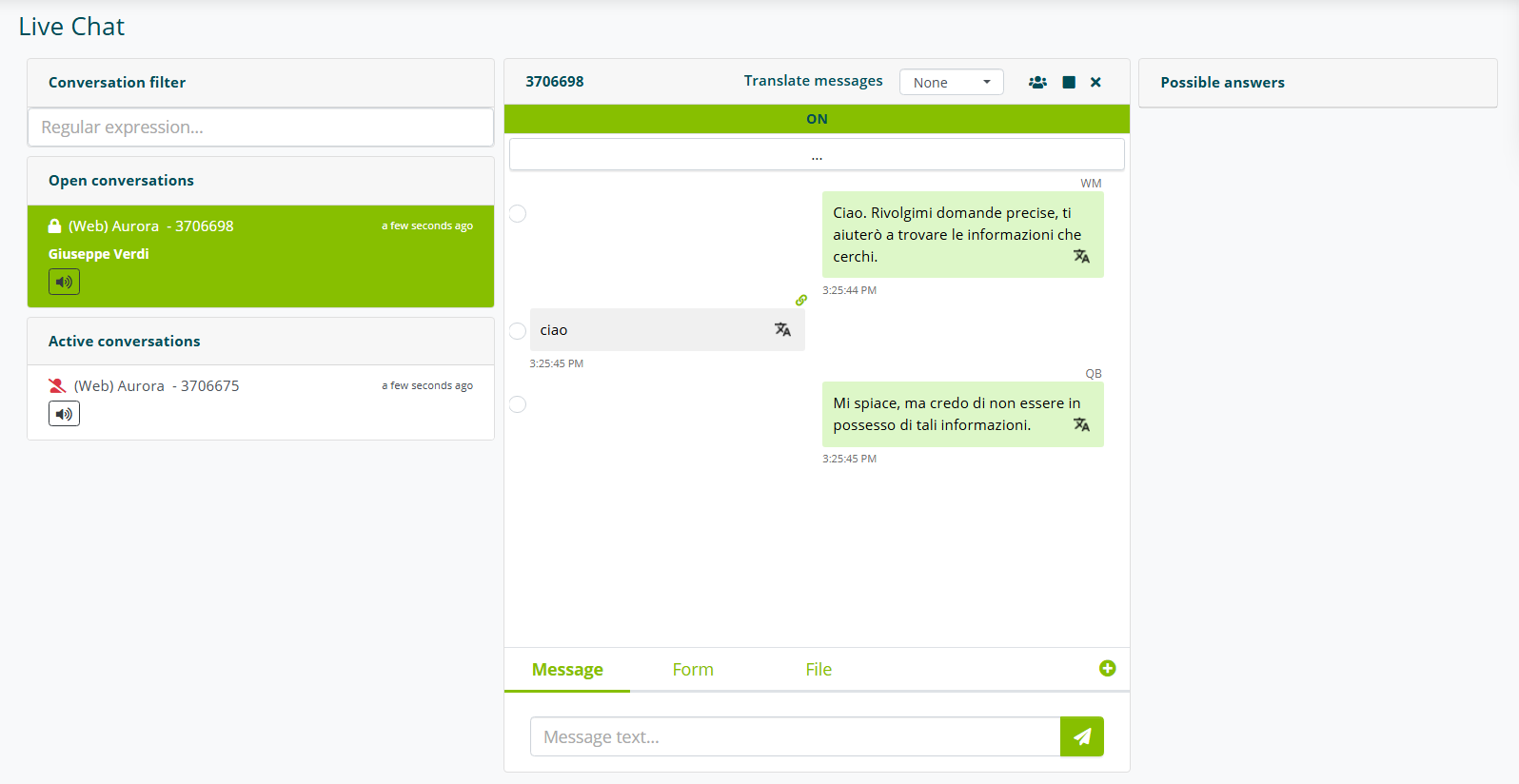 Interfaccia operatore nella chat con utente