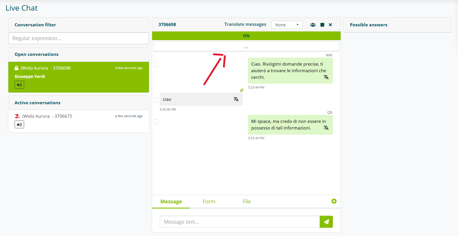 Storico messaggi scambiati con l'utente