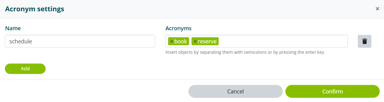 Configurazione acronimi per la ricerca