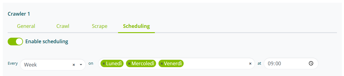 Impostazioni pianificazione del Crawler