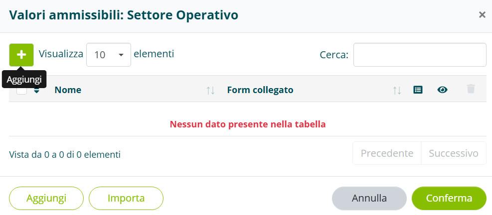 Schermata inserimento valori ammissibili