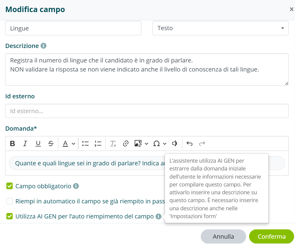 Attivazione dell’opzione Utilizza AI GEN per auto riempimento del campo