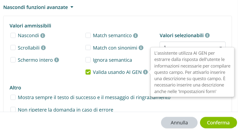 Attivazione dell’opzione Valida usando AI Gen nelle funzioni avanzate
