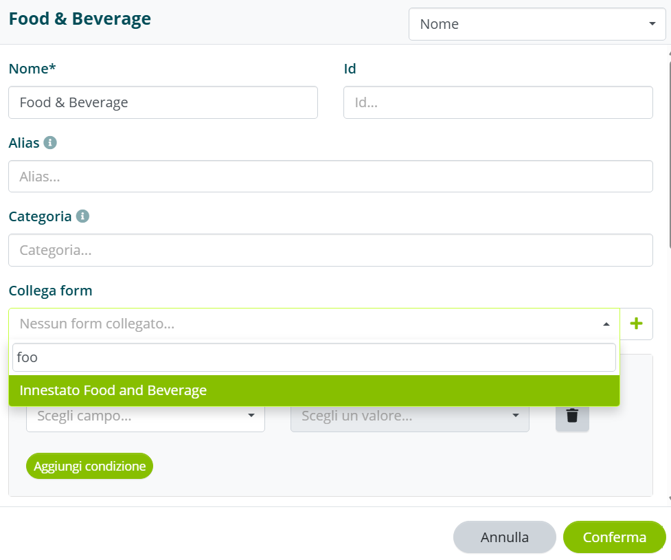Innesto del form secondario nel valore ammissibile Food and Beverage
