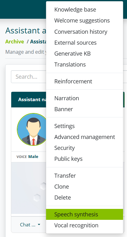 Menu Sintesi vocale dell'assistente