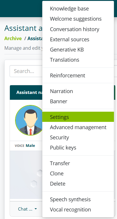 Menu Impostazioni dell'assistente