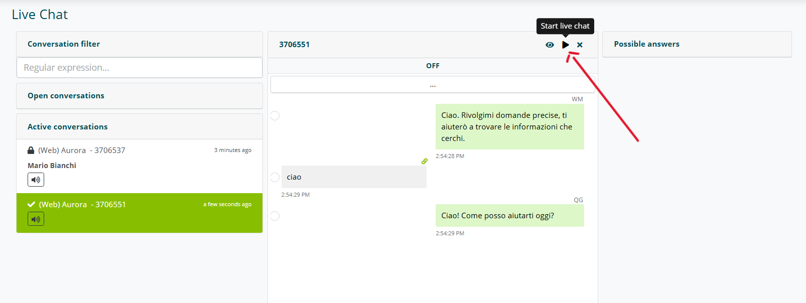 Icone play e X per entrare o chiudere la conversazione