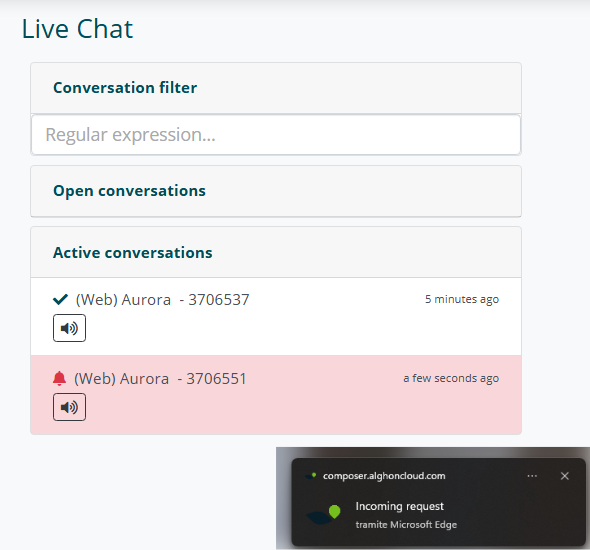 Notifica di richiesta Live Chat da parte dell'utente