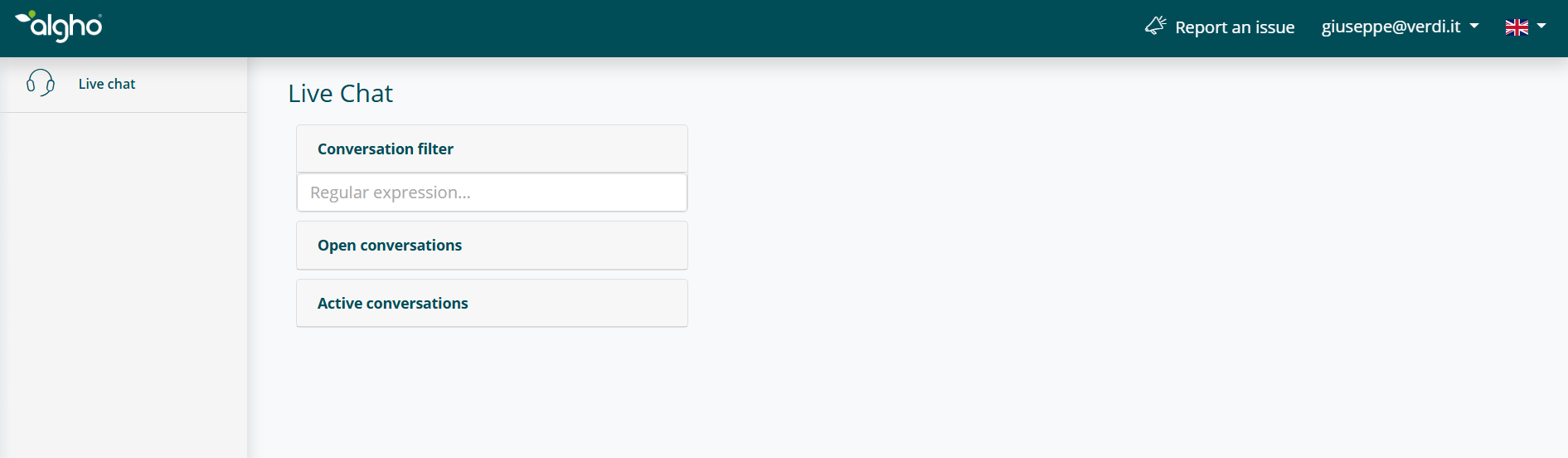 Sezione conversazioni con filtri e conversazioni attive/aperte