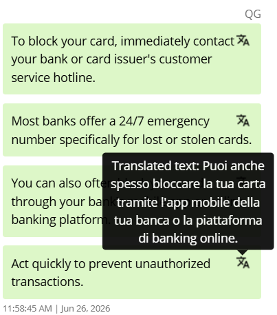 Icona di traduzione sulla risposta dell'assistente